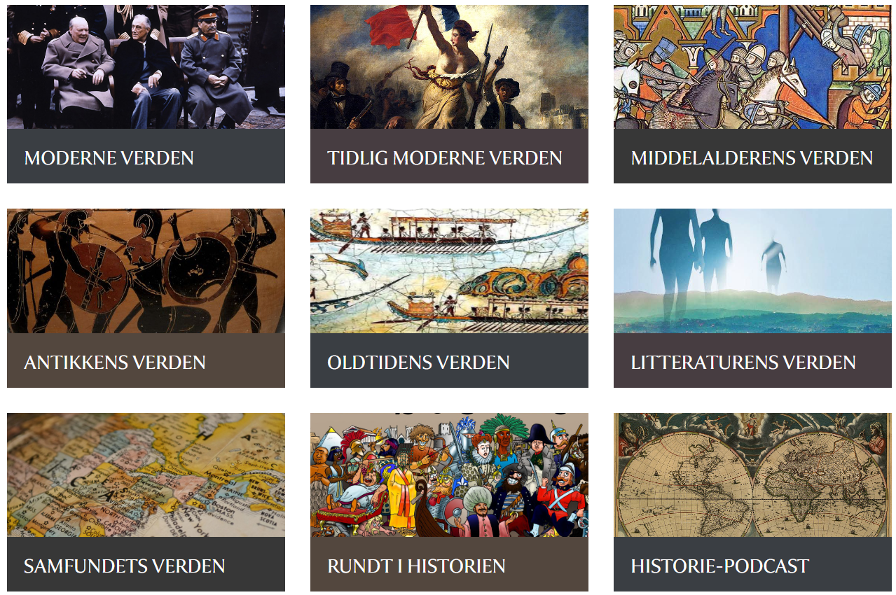 Illustration af de mange forskellige temaer i Historiens Verden