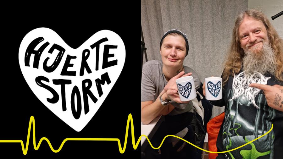 Rikke og Tinus fra Aalborg Streetwalkers poserer med Hjertestorms-krus. På grafikken står der Hjertestorm