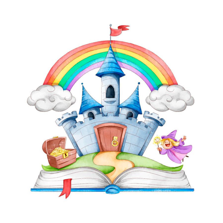 En illustration med en bog, en flyvende fe, en regnbue et slot og en kiste med guld