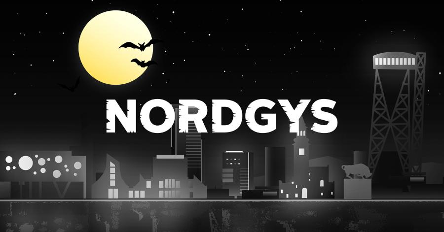 E grafisk skyline af Aalborg. Foran skylinen står der "Nordgys" med store bogstaver.