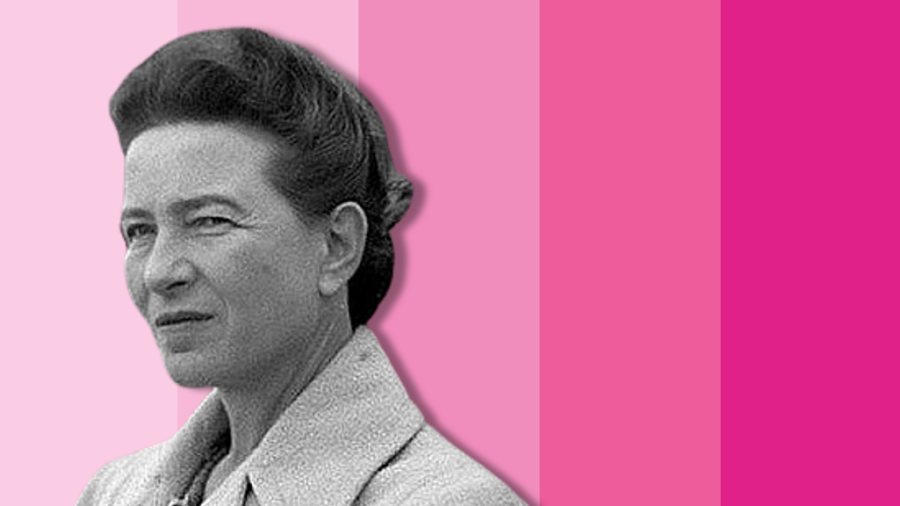 Simone de Beauvoir på Barbielyserød baggrund