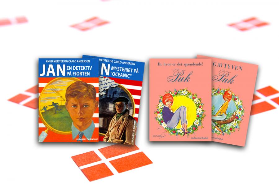 Jan- og Puk-bøgerne med fødselsdagsflag