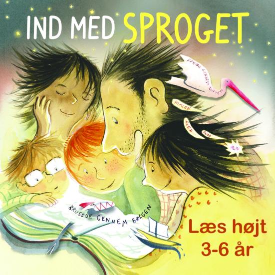 Forside af emnelisten "Ind med sproget". En illustration af en familie der sidder samlet om en bog