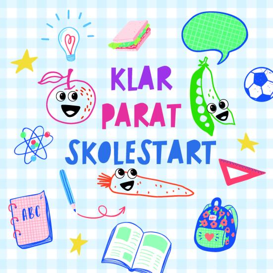Grafisk tegning af elementer der kan illustrere skolestart. I midten er teksten "klar parat skolestart"