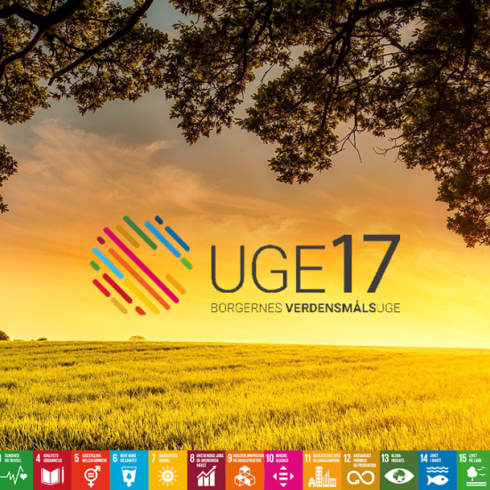 En mark i solnedgang med et træ i forgrunden. Logoer fra de 17 Verdensmål står grafisk i bunden . I midten står der Uge17 Borgernes Verdensmålsuge.