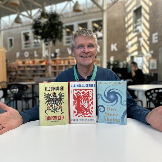 Erling sidder ved et hvidt bord på Hovedbiblioteket. På bordet har han sat alle tre romaner, som er omtalt i denne artikel, foran sig. De står alle med forsiderne frem og Erling laver en præsenterende gestus mod dem. Erling smiler og baggrunden, der viser biblioteksrummet med fyldte bogreoler, er let slørret.