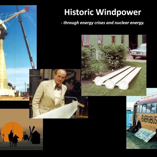 Mindre collage af seks forskellige historiske fotos, der viser vindmøllens historie.