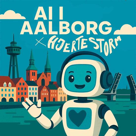 Illustration af robot med Aalborg i baggrunden. AI genereret