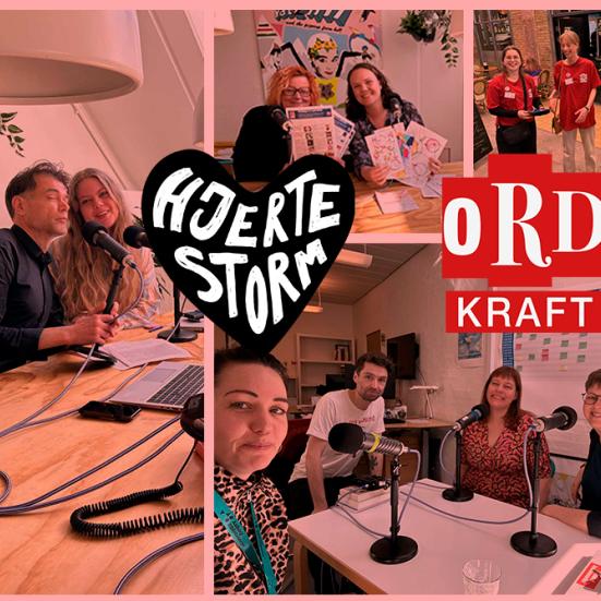 Collage af fotos af interviewpersonerne i podcasten Hjertestorms afsnit om ord- og litteraturfestivalen Ordkraft 2025