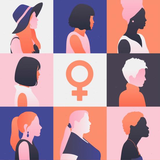 Grafi med forskellige kvindesilhouetter. I midten ses kvindesymbolet.