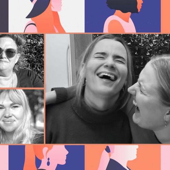 Fire kvinder i sort hvid oven på en grafik af forskellige kvindesilhouetter