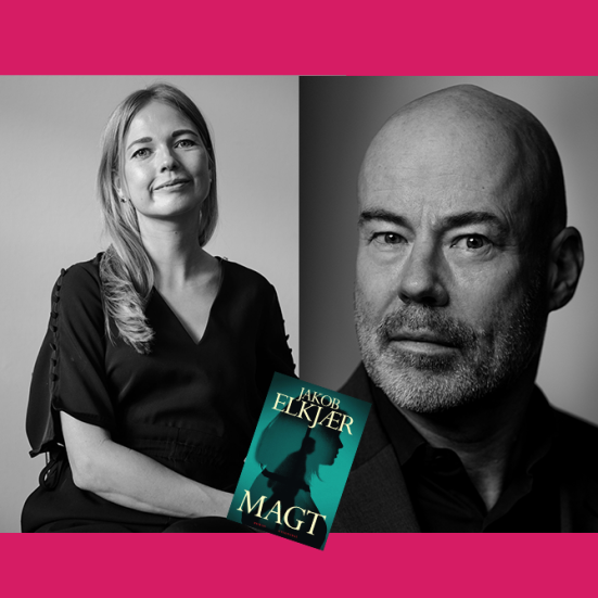 Portrætter af Jacob Elkjær og Katrine Vraa Justenborg og forsidebilledet af Jacob Elkjærs bog "Magt"