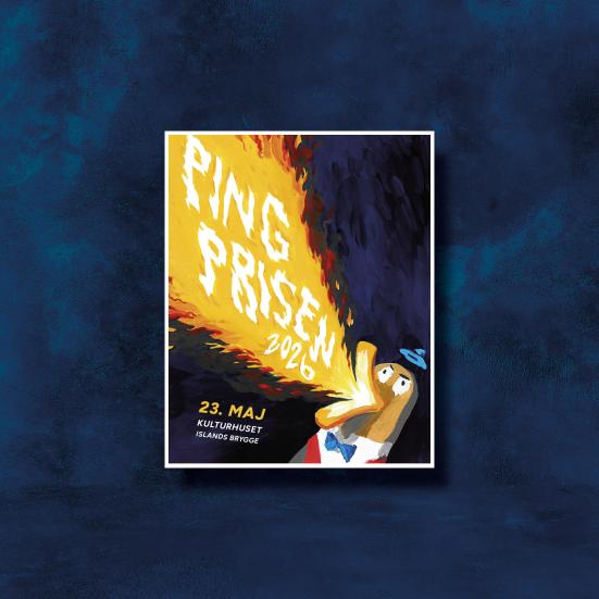 Pingpris-plakat af Signe Dagmar Herlevsen af en ildspyende pingvin med vest, butterfly og bowlerhat på