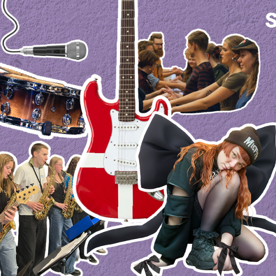En kollage med flere motiver - et band, en guitar med dannobrog på og musiker Sofie Trolle. I det ene hjørne står der "Spil Dansk 2026"