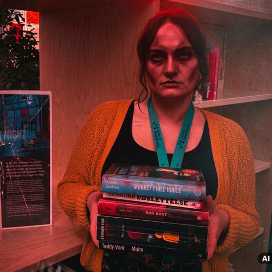 En person poserer foran en bogreol med horrorbøger i hænderne. Billedet er manipuleret ved hjælp af AI, så personen ligner en zombie.