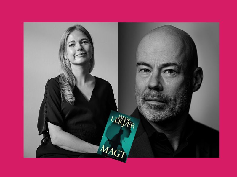 Portrætter af Jacob Elkjær og Katrine Vraa Justenborg og forsidebilledet af Jacob Elkjærs bog "Magt"