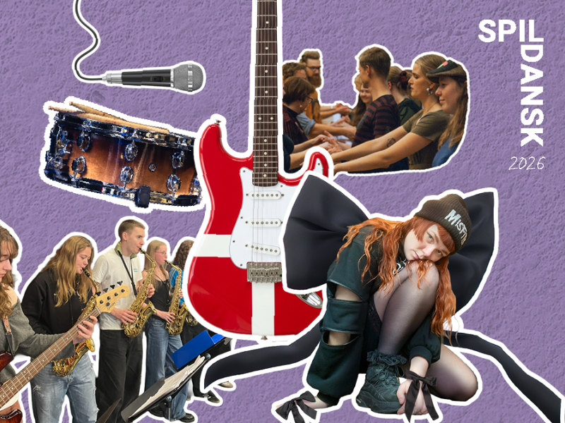 En kollage med flere motiver - et band, en guitar med dannobrog på og musiker Sofie Trolle. I det ene hjørne står der "Spil Dansk 2026"