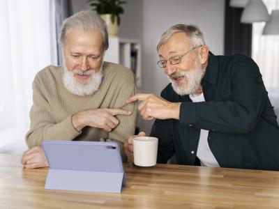 To ældre herrer der snakker sammen over en tablet