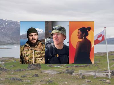 Et billede med grønlandsk natur, hvor man kan se land, hav og det grønlandske flag. Tre billeder af de tre paneldeltagere er sat midt ind heri..