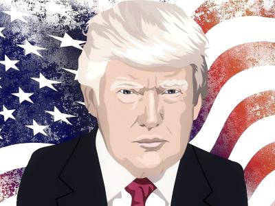 En tegning af Donald Trump foran det amerikanske flag