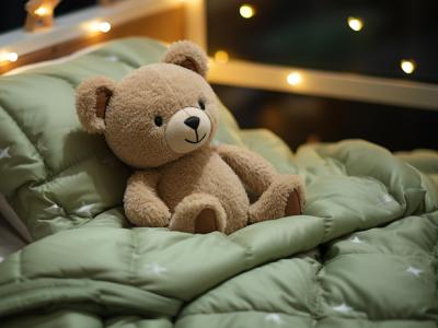 En lysebrun bamse ligger i en seng med grønt sengetøj. Der er hyggelig belysning med lyskæder.
