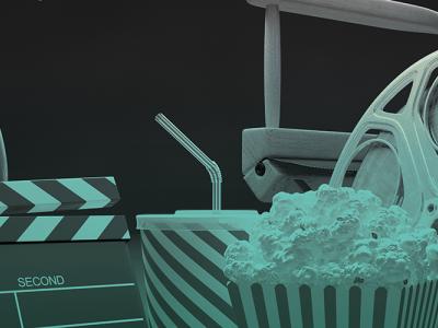 Et klaptræ, en filmrulle, popcorn og instruktørstol.