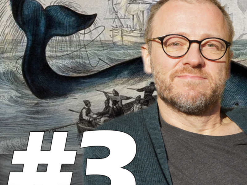 Forside til 1800 Hvidkål afsnit 3: Hans i forgrunden og et maleri af en hvalfangersituation i baggrunden