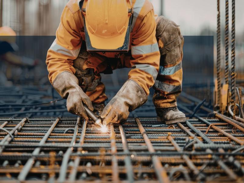 Arbejder i orange arbejdstøj og hjelm svejser metal, mens gnister flyver.
