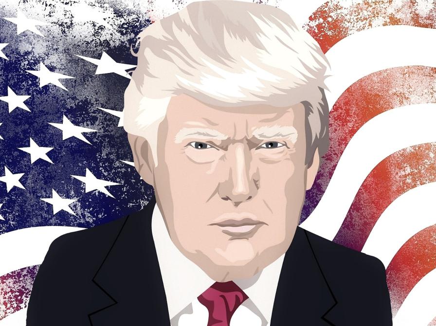En tegning af Donald Trump foran det amerikanske flag
