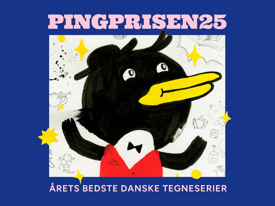 Teksten "Pingprisen 2025, Årets bedste danske tegneserier" ledsaget af en illustration af en pingvin med rød vest, gult næb og bowlerhat på en hvid og blå baggrund.