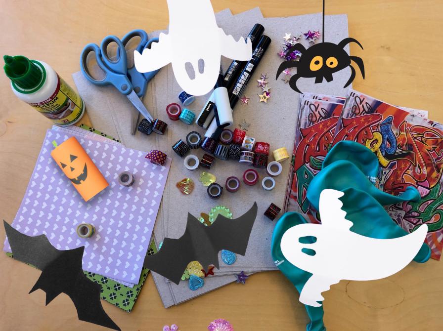 Billede af sakse, lim, papir, spøgelser og andre ting man kan være kreativ med