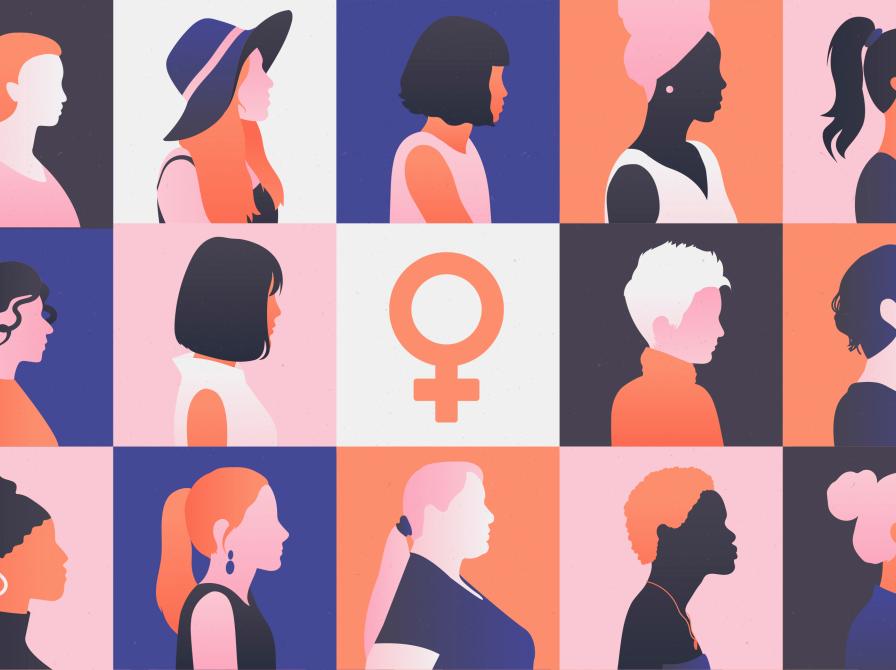 Grafi med forskellige kvindesilhouetter. I midten ses kvindesymbolet.