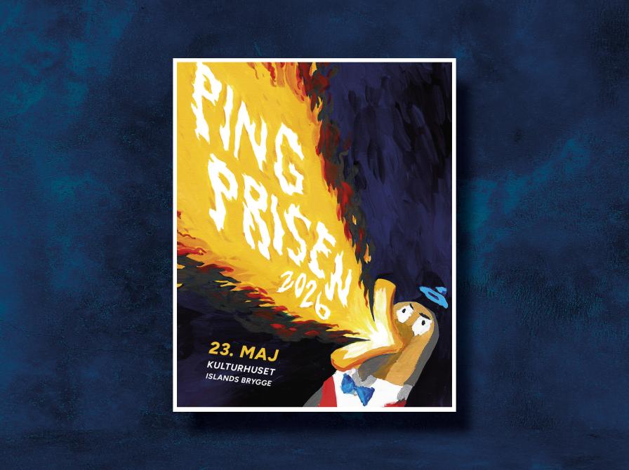 Pingpris-plakat af Signe Dagmar Herlevsen af en ildspyende pingvin med vest, butterfly og bowlerhat på